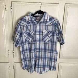Ely Cattleman Pearl Snap Western Shirt Size Blue & White Plaid Men's Medium
